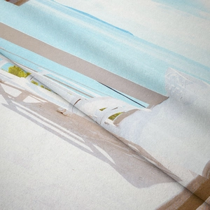 Detailed view of bohemian tapestry fabric showing soft microfiber texture and coastal print