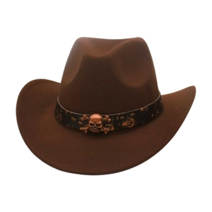 Detail of brown felt cowboy hat featuring a black band with a bronze skull metal ornament
