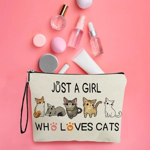 Canvas cat makeup bag with 'Just a girl who loves cats' print and five cute kitten motifs