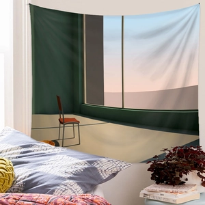 Detailed view of minimalist tapestry depicting a tranquil room with a red chair and window