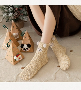 Thick coral fleece Christmas socks with 3D pompoms and reindeer embroidery in a gift box