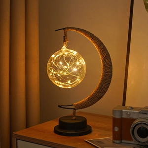 LED Moon Lamp Night Light Hemp Rope Iron Handmade Glass Star Ball Pendant Decorative Table Light USB Battery Operated