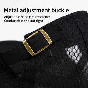 Breathable black mesh flat cap with adjustable vintage bronze buckle for outdoor sun protection