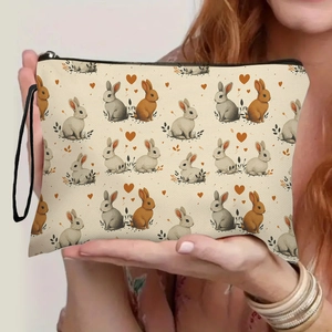 Easter Bunny Makeup Bag Linen Cosmetic Pouch Travel Toiletry Wash Bag Zipper Handheld Cute Heart Print Organizer For Women