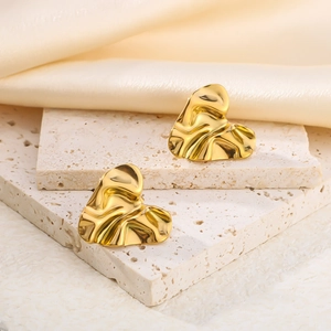 Minimalist 18K gold plated heart stud earrings with lava texture on stone and silk fabric