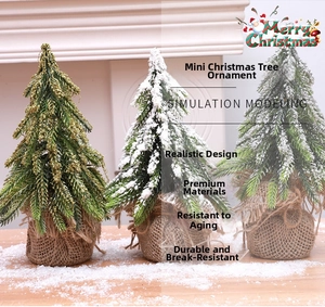 Close-up of three mini tabletop Christmas trees with burlap bases on a snowy mantelpiece