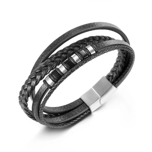 Men Multi-layer Leather Bracelet Woven Leather With Stainless Steel Beads And Magnetic Clasp Punk Jewelry