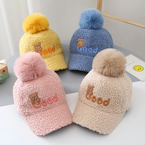 Teddy fleece baseball caps with cute bear embroidery and pom poms in multiple soft colors