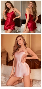 Detail of silk satin nightdress featuring a deep V-neckline and sexy side slit design