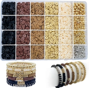 Macro detail of earth-toned clay beads and metallic spacers in a 24-grid organizer box
