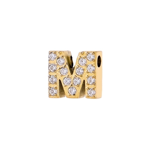 Macro view of gold letter M charm with pave-set clear cubic zirconia for DIY jewelry