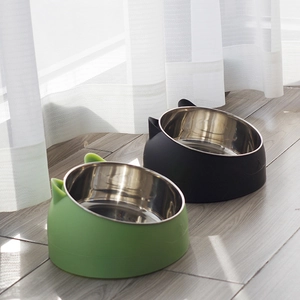 Tilted stainless steel cat bowls with ear-shaped base for neck protection