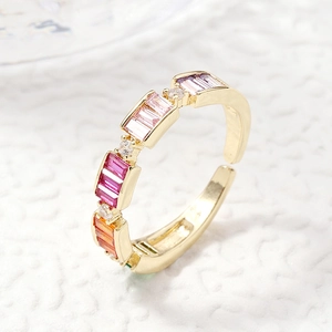 Adjustable gold open ring with rectangle gradient pink and orange colorful gemstones