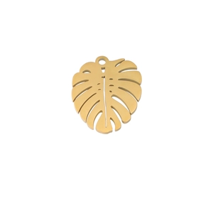 Macro detail of a matte gold monstera leaf pendant charm for DIY jewelry making