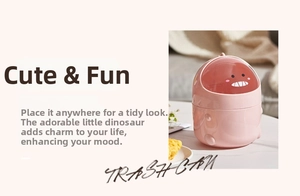 Pink dinosaur mini trash can with transparent lid for office desk and table storage