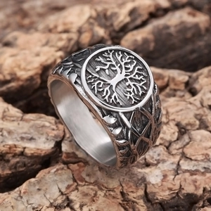 Macro shot of Viking Tree of Life relief and vintage silver finish on stainless steel ring
