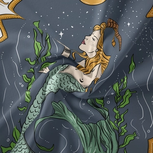 Detailed close-up showing twill fabric texture and mermaid print on celestial tapestry