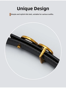 Detail of thin black leather belt featuring a geometric gold metal buckle for women