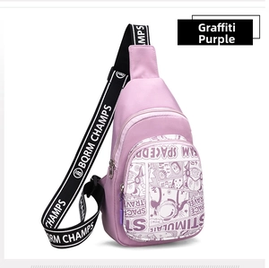 Graffiti purple waterproof nylon chest bag for boys with astronaut print and woven strap