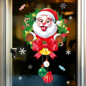 Golden Christmas wreath window sticker with Santa Claus and snowflakes for shop display