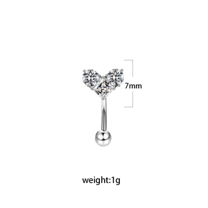 Detailed view of silver eyebrow ring with zircon heart design and 7mm size specifications