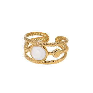 Vintage 18K gold plated stainless steel open ring with shell relief and white bead detail