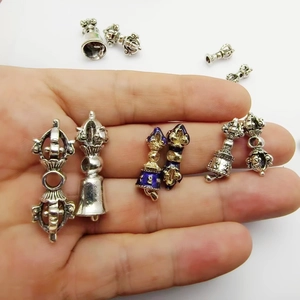 Tibetan silver Vajra bell beads with blue and gold enamel for DIY Buddhist jewelry