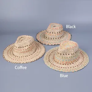Bohemian straw hats with colorful stitching in black, coffee, and blue colors