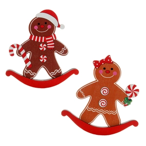 Wooden Christmas gingerbread man tumbler ornaments in festive red and brown wood design