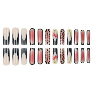 24-piece long press-on nails with leopard print, French tips, and 3D red heart gemstones