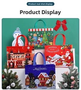 Set of four colorful non-woven Christmas gift bags with festive holiday illustrations