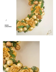 Close-up of golden Christmas wreath with pine cones, roses, and festive ornaments