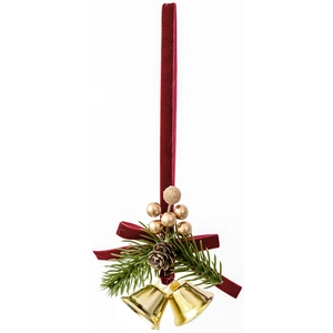 Christmas gold bells with red velvet ribbon, pine needles, and pinecones for tree decor