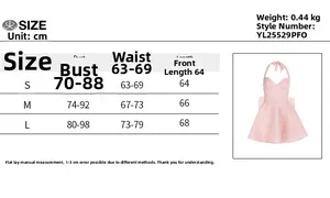 Size chart showing bust and waist measurements for this halter bow evening dress