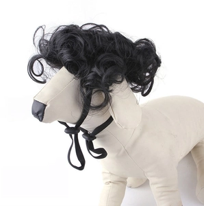 Side view of a funny black curly pet wig with adjustable strap on a small white dog