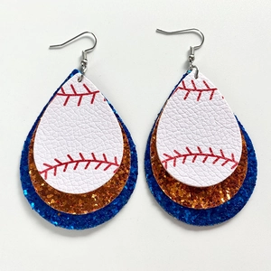 Detail of multi-layer baseball faux leather earrings with orange and blue glitter drops