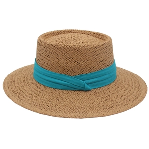 Women Straw Boater Hat Flat Top Wide Brim Sun Protection Summer Beach Vacation French Style Ribbon Decoration