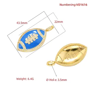 Golden American football pendant with blue enamel and cubic zirconia stones