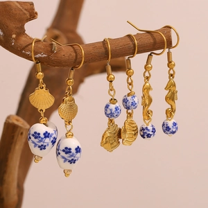 Vintage Dangle Earrings For Women Stainless Steel 18K Gold Plated Ceramic Beads Blue White Porcelain Heart Fish Seahorse
