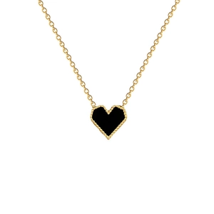 Gold titanium steel necklace with heart shaped black shell pendant and beaded edge