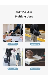 Collage of A5 notepad usage scenarios: commuting, travel, office work, and school notes