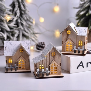 Christmas Mini Wooden House LED Glowing Cabin Ornament Desktop Decoration Warm Light Winter Snowy Style