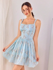 Robe Mini Imprimé Fleuri Polyester Dos Nu Laçage Croisé Bretelles Réglables Col Coeur Bordure Dentelle Été Femmes