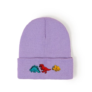 Detailed view of purple knit beanie with three small cartoon dinosaur embroideries