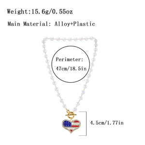 USA flag heart pendant pearl necklace with elegant alloy link and white faux pearls