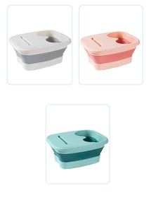 Foldable foot bath basins in grey, pink, and green with a space-saving collapsible design