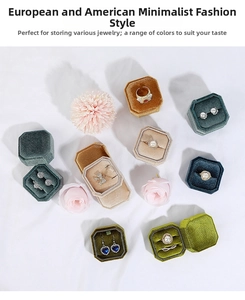 Detailed top view of octagonal and hexagonal velvet jewelry boxes in various colors