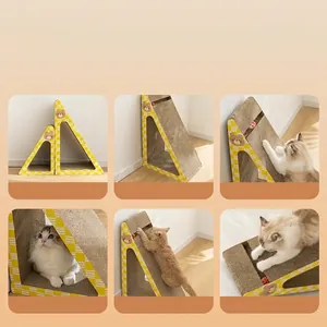 Triangle cardboard cat scratcher with bell ball and cartoon bear pattern for pet play
