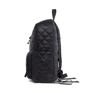 Black quilted backpack with diamond pattern, lightweight nylon travel rucksack for women