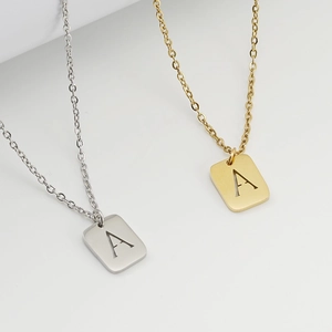 Gold and silver stainless steel rectangular pendant necklaces with engraved letter A
